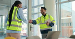 Construction deal, handshake or people in office for hiring, greeting and building project. Woman, onboarding or contractor shaking hands in meeting for teamwork, opportunity and city development
