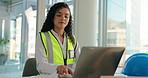 Woman, laptop and architecture with face for typing, planning for architect and project management. Construction, renovation or maintenance with online for design or portrait smile for engineering