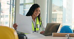 Document, woman or architect on laptop for floor plan, engineering model or project inspection. Research, design or contractor in construction job for development with paperwork, review or blueprint