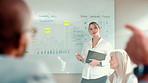 Presentation, seminar and woman in office, tablet and meeting for sales project, conversation and talk. People, employees and consultant in workplace, digital tech and internet with convention or app