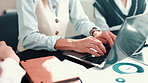 Business people, hands and typing with laptop or documents for company analysis at office. Employees, group or team with computer or paperwork for corporate performance or analytics at workplace