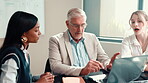 Ceo, meeting and laptop with business people in office for teamwork, mentor and discussion. Collaboration, boss and feedback with employees in agency for partnership, proposal and conversation
