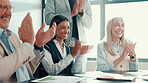 Support, applause and celebration with woman in meeting for promotion, award and target. Partnership, contract and investor profit with business people in office for cheering, achievement and goal
