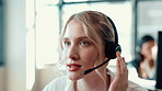 Talking, telemarketing and business woman at call center for sales, lead generation or coworking. Customer, face and consultant speaking with headset for outbound marketing, feedback and contact us