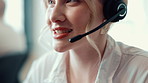 Talking, lips and business woman at call center for sales, lead generation or communication. Mouth, happy face and consultant speaking with headset for outbound marketing, telemarketing or contact us