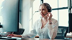Talking, call center and business woman on computer for sales, lead generation or coworking. Customer, telemarketing or consultant speaking with headset for outbound marketing, feedback or contact us