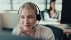Help desk, talk and woman on computer in call center for technical advice, problem solving or crm. Customer service, smile and agent speaking with headset for it support, thinking or troubleshooting