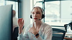 Call center, computer and woman in office talking for communication, contact us and support. Professional, corporate and person with headset on pc for online help, consulting and customer service