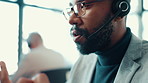 Call center, business and man with headset talking for communication, contact us and support. Professional, corporate office and person speaking for online help, consulting and customer service