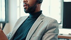 Call center, talking and black man with headset in office for communication, contact us and support. Professional, corporate and person speaking for online help, consulting and customer service