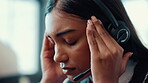 Woman, stress and headset with headache at call centre of account error, burnout and sales pressure. Female agent, tired and migraine of tech support issue, customer complaint and brain fog in office