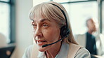Call center, mature and consultant with woman in office for telemarketing, sales agent or advice. Lead generation, contact us and loan assistance with person in agency for help desk and communication