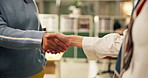 Business people, handshake and night with agreement in meeting for hiring or recruiting at office. Employees, colleagues or shaking hands in late evening for partnership, b2b or deal at workplace