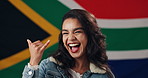 Girl, face and happy with South Africa flag in studio for shaka, national pride or patriot by background. Woman, excited and emoji in portrait with symbol, respect and sign for loyalty to country