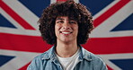 Face, happy and nation with man on British flag for government elections, patriotism or politics. Country, culture or democracy and smile of person with Union Jack of United Kingdom for voter pride