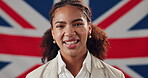Face, nation and smile of black woman with British flag for government, patriotism or politics. Country, culture or democracy and happy person with Union Jack of United Kingdom for voter pride 