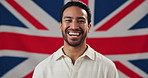 Face, funny and nation with man on British flag for government elections, patriotism or politics. Country, culture or democracy and person laughing with Union Jack of United Kingdom for voter pride