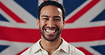 Face, laughing and nation with man on British flag for government elections, patriotism or politics. Country, culture or democracy and funny person with Union Jack of United Kingdom for voter pride 