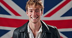 Democracy, face and smile of man with British flag for government, patriotism or politics. Country, culture or nation and happy person with Union Jack of United Kingdom for elections or voter pride