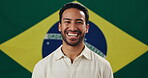 Face, man and laughing with flag for Brazil, voting and pride with confidence for citizenship. Portrait, male person and patriotic with freedom for nationality, country or positive attitude by symbol