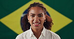 Face, woman and smile with flag for Brazil, voting and freedom with confidence for citizenship. Portrait, female person or patriotic with pride for nationality, country or positive attitude by symbol