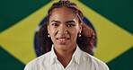 Face, woman and pride with flag for Brazil, voting and freedom with confidence for citizenship. Portrait, female person or patriotic with smile for nationality, country or positive attitude by symbol