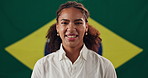Face, smile and woman with flag for Brazil, national pride and heritage with culture on background. Portrait, happy person and country banner for loyalty, patriotism and democracy with independence