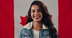 Happy woman, face or patriot with canada flag in pride or confidence for national citizenship. Portrait, female person or Canadian with smile, symbol or emblem for heritage, origin or nation day