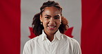 Canada, face and woman with flag for country pride, loyalty and citizenship for culture. Happy, smile and portrait of person with symbol, sign and fabric for nationality, identity and patriotism