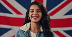 Face, laughing and nation with woman on British flag for government, national patriotism or politics. Country, democracy or heritage and funny person with Union Jack of United Kingdom for voter pride