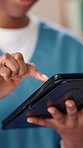 Black person, hands and nurse with tablet for medical research or schedule at healthcare clinic. Closeup, caregiver or health volunteer browsing with technology for telehealth service or online app