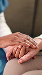 Holding hands, support and nurse with senior patient in nursing home with compassion at checkup. Healthcare, trust and caregiver with elderly person for sympathy with medical diagnosis in house.