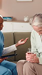 Bad news, medical or tablet with nurse and old woman on sofa in living room of retirement home. Consulting, conversation or healthcare with caregiver and senior patient in apartment for medicare