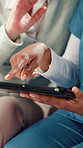 Nurse, senior person and tablet with hands, consultation and wellness in home. Mature patient, caregiver with technology in lounge with digital schedule for retirement, medication and support advice
