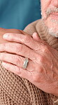Nurse, holding hands and comfort with senior man of assistance, support and medical recovery. Caregiver, consoling and elderly person for empathy, healthcare services and trust for treatment at house