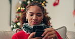 Black woman, smartphone and credit card for Christmas sale, excited and ecommerce celebration. Mobile app, happy dance for online shopping and holiday discount with good customer experience in home