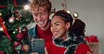 Couple, selfie and Christmas with happiness in home, holiday celebration with memory and peace sign. Man, woman by tree and interracial relationship with social media Xmas post, smile and decoration