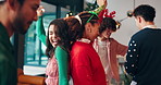 Dance, Christmas and celebration with friends in party for social, festive holiday and happiness. Merry xmas season, bonding and reunion with group of people in home for love, support and music