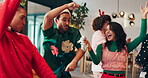 Dance, Christmas and music with friends in party for social, festive jingle bells and happiness. Merry xmas season, bonding and reunion celebration with people in home for love, support and holiday