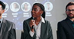Mic, speaker or woman in convention speech for climate change, awareness or renewable energy. Presentation, forum and people on stage in panel discussion for sustainability or eco friendly conference