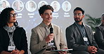 Mic, speaker and man in conference speech for climate change, awareness and renewable energy. Presentation, forum and people on stage in panel discussion for sustainability or eco friendly convention