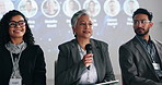 Tablet, speaker or woman in panel speech for global economy, awareness forum or finance resources. Presentation, education and people on stage with notes for financial growth, solution or convention