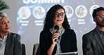 Awareness, seminar or woman in panel for discussion for global economy, forum or finance resources. Presentation, tablet and guest on talk show stage for financial growth, solution and convention