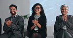 Happy, group and applause for seminar, meeting and well done for public speaking, smile and success. Business, speakers and clapping for celebration in workshop, people and congratulations for crowd