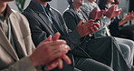 Achievement, group and applause for presentation, hands or audience in training workshop or seminar. Clapping, people and celebration for conference, together and success for good news in meeting