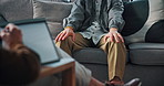 Person, anxiety and counseling with therapist on tablet for stress, trauma and mental health support. Nervous, patient and consultation with psychologist, checklist and symptom notes for medical help