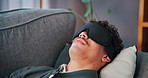 Mental health, man and patient with sleep mask, help and consultation for therapy technique on sofa. Psychology, client and blindfold to visualize trauma, talking and memory of subconscious images