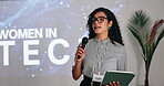 Event, speaker or conference speech with tablet for women in tech, leadership lecture or training. Global summit, mic and stakeholder with discussion for career advancement, mentorship or development