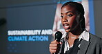Speaker, conference and black woman with microphone at event for sustainability and climate action. Female leader, convention or seminar for training and learning of environmental science insights