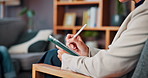 Psychologist, tablet and hands of woman in office for mental health, advice and counseling. Patient, psychology and people with checklist for discussion, support conversation and communication